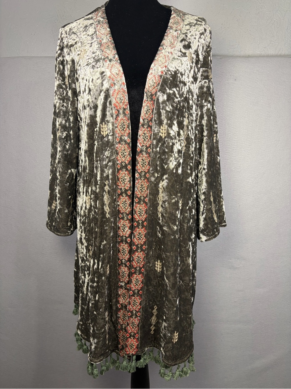 easel Olive Crushed Velvet Duster with Coral Embroidered Trim